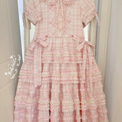 Pastel Pink Checkered Lolita Dress with Ruffled Skirt and Delicate Embellishments