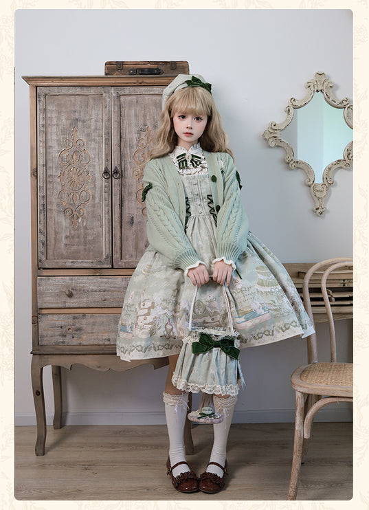 Whimsical Floral Lolita Dress – Tiered Skirt with Detachable Bows & Crisscross Ribbon Details