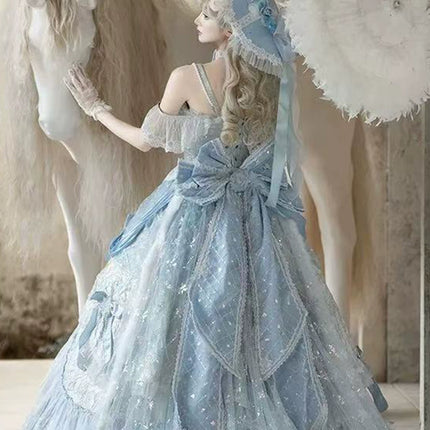 Dreamy Light - Blue Lolita Grand Ball Gown with Intricate Lace and Elegant Bow Decorations