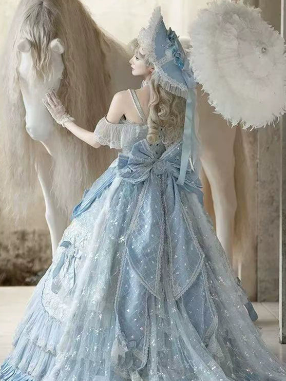 Dreamy Light - Blue Lolita Grand Ball Gown with Intricate Lace and Elegant Bow Decorations