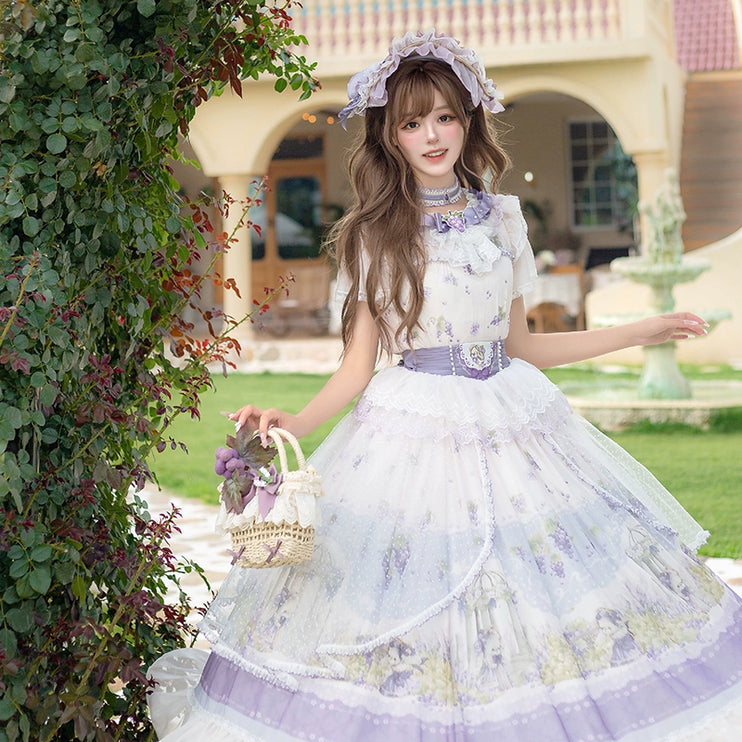 Lolita Dress - Delicate Purple - hued with Floral Patterns, Short - sleeved and Floor - length
