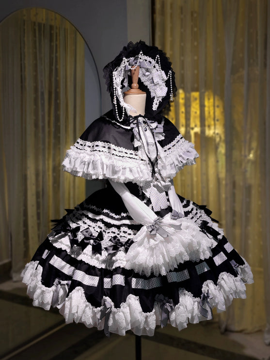 Gothic Aristocrat Lolita Dress - Victorian Black and White Ruffled Doll OP with Cape and Bonnet