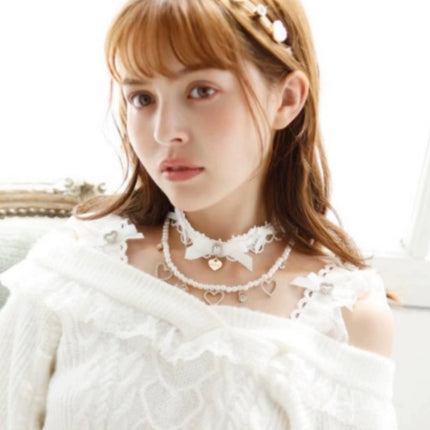 Edgy Punk Style Elaborate Double-Layer Necklace with Pearls and Gemstone Choker Lolita Collarbone Chain