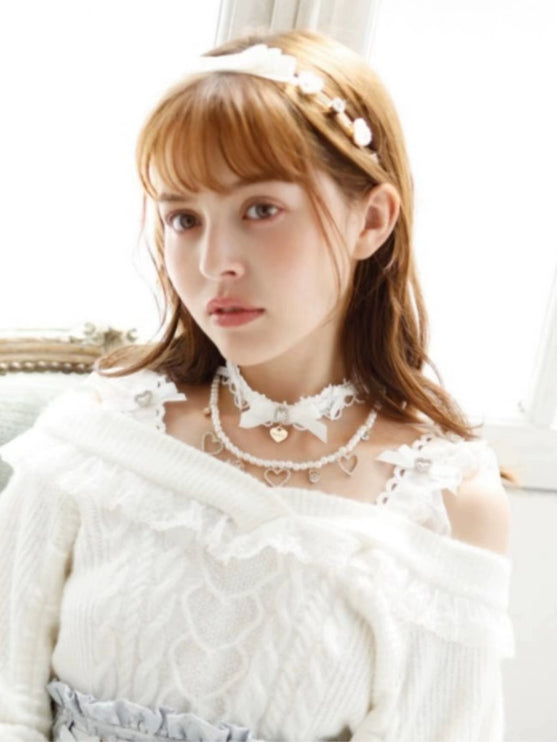 Edgy Punk Style Elaborate Double-Layer Necklace with Pearls and Gemstone Choker Lolita Collarbone Chain