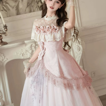 Vintage - inspired Pink Tea - length gown with Floral Lace and Tulle Layers, set for spring and summer