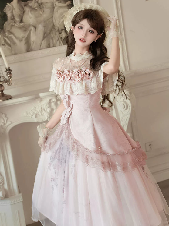 Vintage - inspired Pink Tea - length gown with Floral Lace and Tulle Layers, set for spring and summer