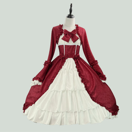 S-5XL Elegant Medieval Retro Gothic Court Dress Square Collar Waist Splicing Bow Lolita Dress