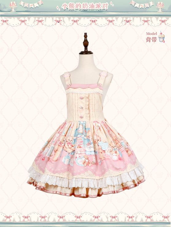 Teddy Bear's Cream Party Sweet Lolita JSK with Lace and Ribbon Accents