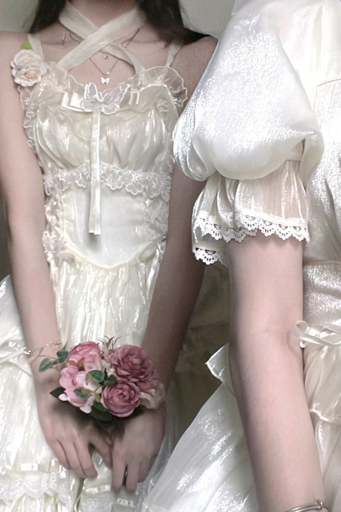 Elegant White Lolita Dress with Ruffled Skirt and Sheer Stockings