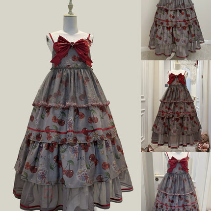 S-2XL Cherry Blossom Delight Lolita Dress – Sweet Vintage Print JSK/OP in Black, Red, Gray & White