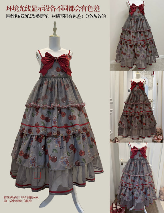 S-2XL Cherry Blossom Delight Lolita Dress – Sweet Vintage Print JSK/OP in Black, Red, Gray & White