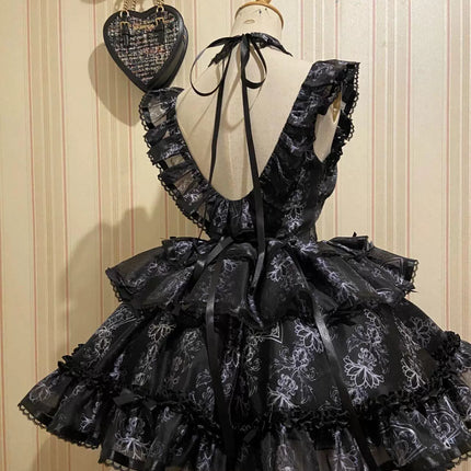 Black With Ornate White Embroidery Ballet Elegance Puffy Princess Dress Lolita JSK