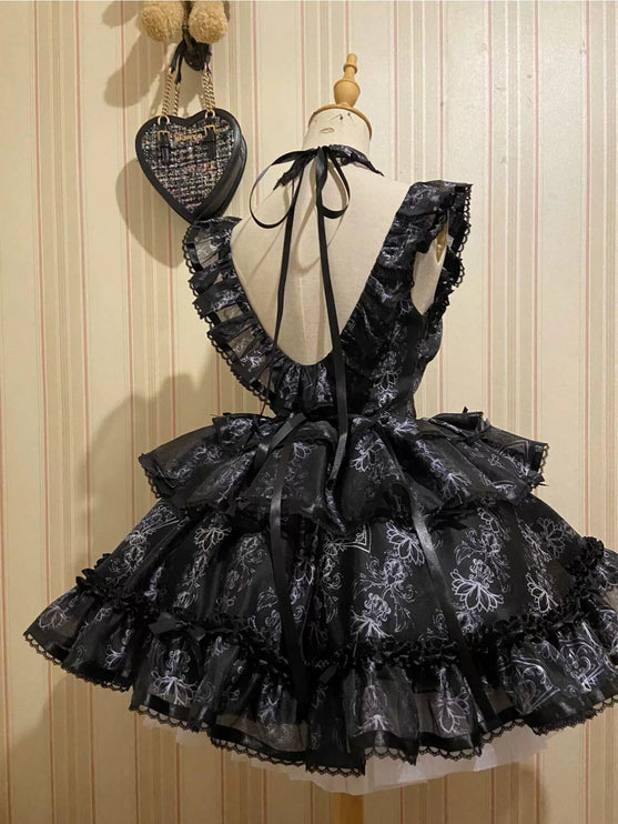 Black With Ornate White Embroidery Ballet Elegance Puffy Princess Dress Lolita JSK