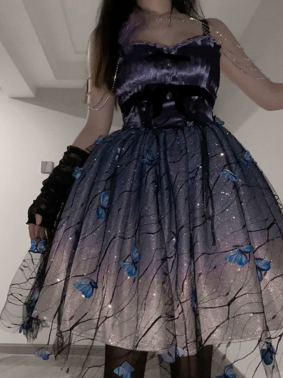 [Limited edition] Dreamy Purple Butterfly Fantasy Lolita Gown with Grand Luxurious Skirt