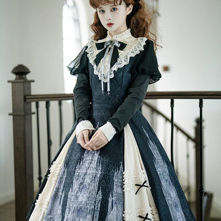 Gothic - inspired Lolita Dress with Cathedral Prints, Lace Trims and Delicate Bow