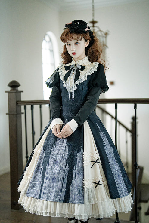 Gothic - inspired Lolita Dress with Cathedral Prints, Lace Trims and Delicate Bow