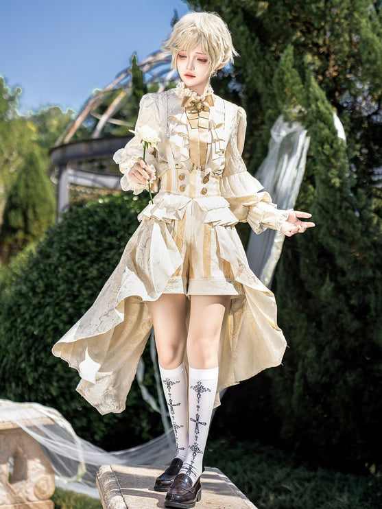 Ouji Fashion Regal Prince Lolita Ensemble: Cream and Gold Majesty for Themed Events