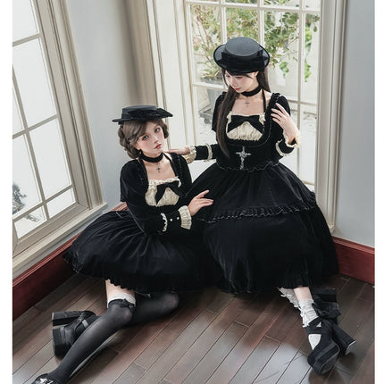 Square Neck Waist Boned Velvet OP Lolita (Gemini Winter Collection)