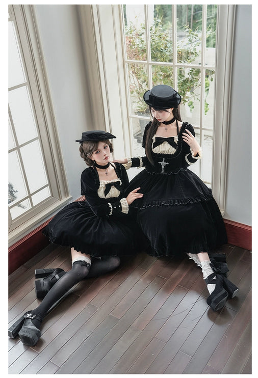 Square Neck Waist Boned Velvet OP Lolita (Gemini Winter Collection)