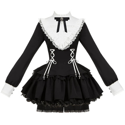 Gothic Lolita Dress with White Lace Collar, Long Sleeves and Lace - up Details