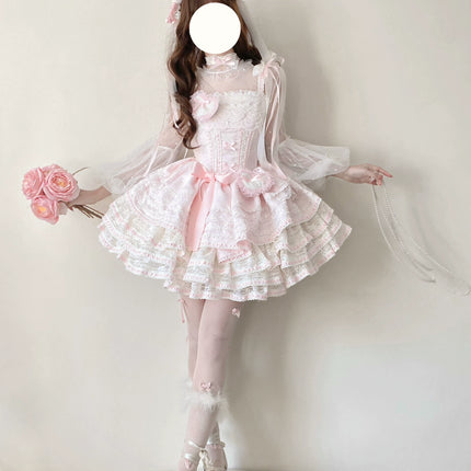 Whimsical Pastel Lolita Dress with Embroidered Animal Motifs and Ruffled Skirt