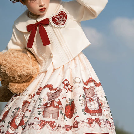 Christmas Teddy Bear Lolita JSK –New Year's Festive Strawberry Print Lolita Dress with Red Bow Accents