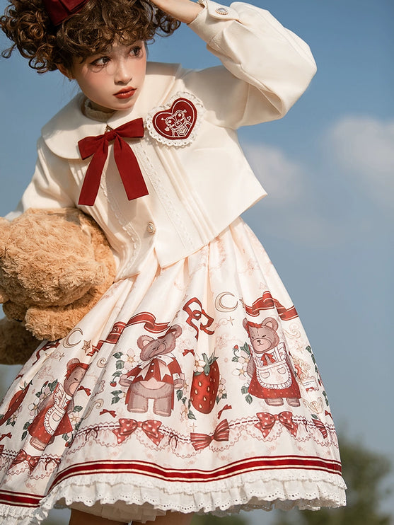 Christmas Teddy Bear Lolita JSK –New Year's Festive Strawberry Print Lolita Dress with Red Bow Accents