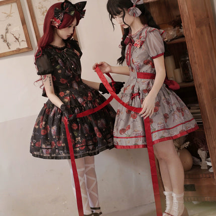 S-2XL Cherry Blossom Delight Lolita Dress – Sweet Vintage Print JSK/OP in Black, Red, Gray & White