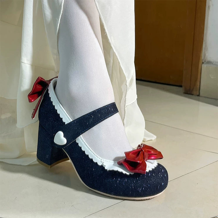 Charming Heeled Shoes with Heart - shaped Buckles and Delicate Bows