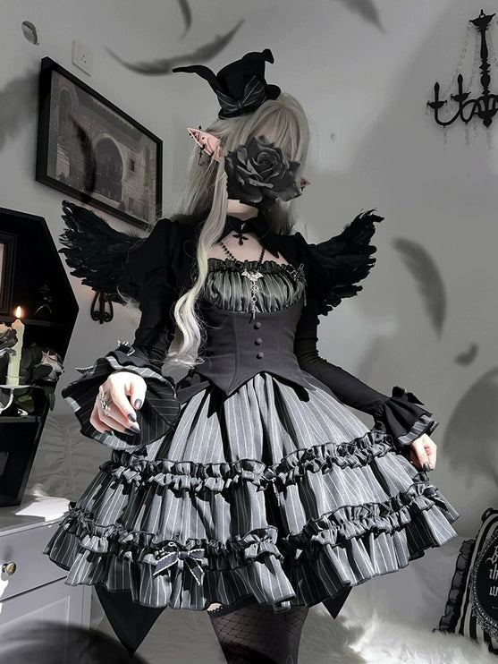 Enchanted Gothic Ballet Diablo Lolita Ensemble – Dark Lolita Dress & Vest Set with Elegant, Mystical Charm