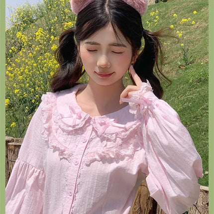 Lace - adorned Long - sleeved Blouse with Fluffy Cuffs, Exuding Delicate Femininity