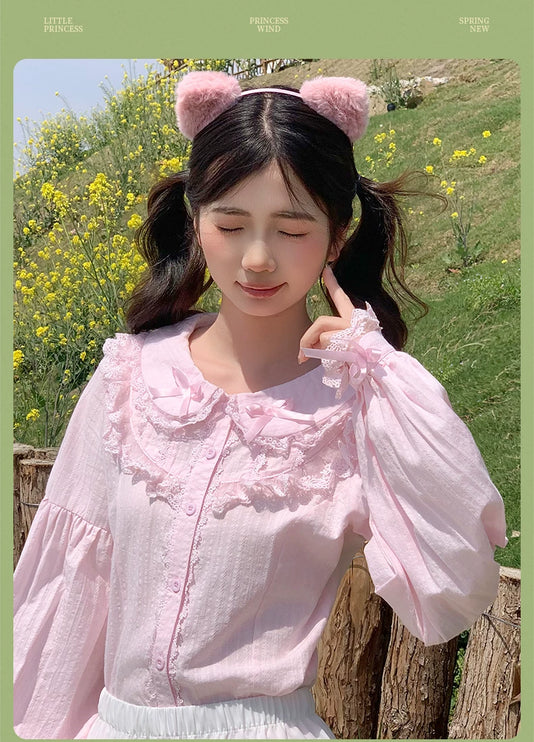 Lace - adorned Long - sleeved Blouse with Fluffy Cuffs, Exuding Delicate Femininity