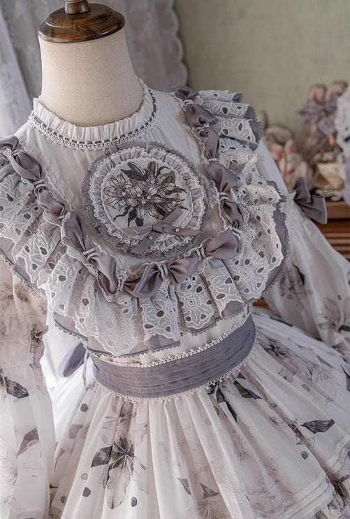 White Pastoral Style Lolita OP Dress for Girls with Princess Flower Dress