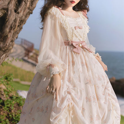 Elegant Cream Lolita Dress with Floral Embroidery and Ruffled Skirt