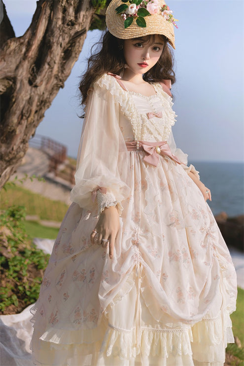 Elegant Cream Lolita Dress with Floral Embroidery and Ruffled Skirt