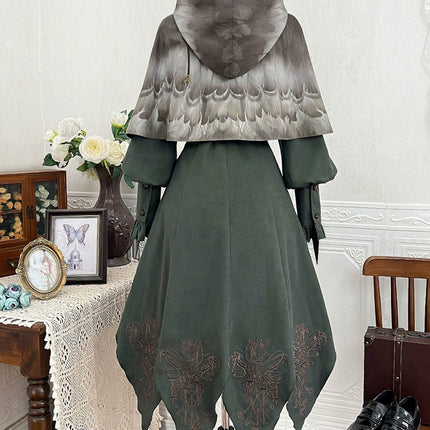 Fantasy - Style Capelet Dress with Embroidered Hem and Buckled Waist Belt