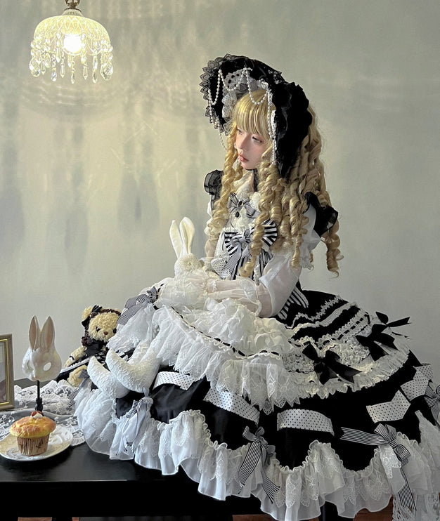 Gothic Aristocrat Lolita Dress - Victorian Black and White Ruffled Doll OP with Cape and Bonnet