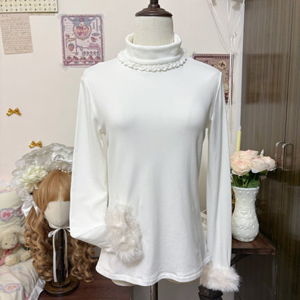 Velvety - soft White Turtleneck with Fluffy Cuffs for Cozy Elegance