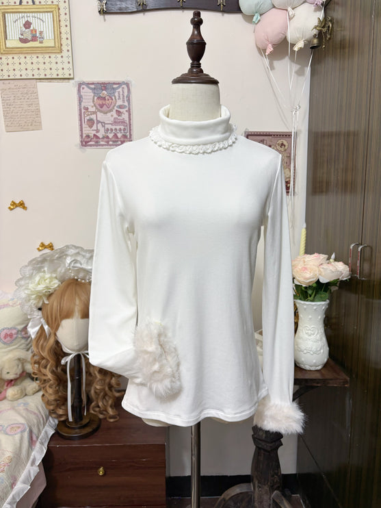 Velvety - soft White Turtleneck with Fluffy Cuffs for Cozy Elegance