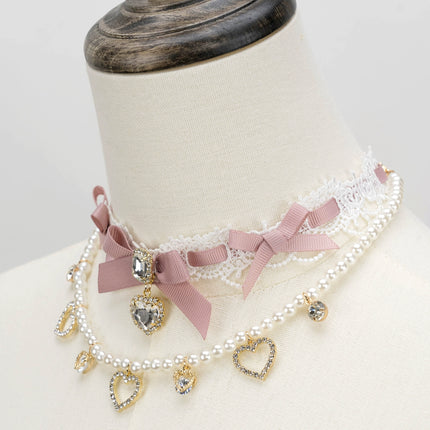 Edgy Punk Style Elaborate Double-Layer Necklace with Pearls and Gemstone Choker Lolita Collarbone Chain