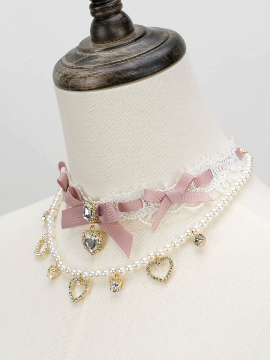 Edgy Punk Style Elaborate Double-Layer Necklace with Pearls and Gemstone Choker Lolita Collarbone Chain