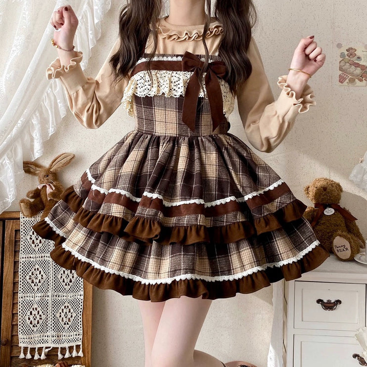 Woodland Plaid Lolita Dress - Cozy Wool JSK with Velvet Bows and Lace Trim