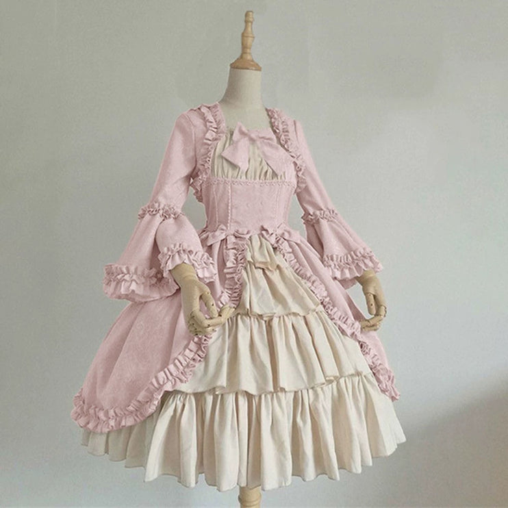 S-5XL Elegant Medieval Retro Gothic Court Dress Square Collar Waist Splicing Bow Lolita Dress