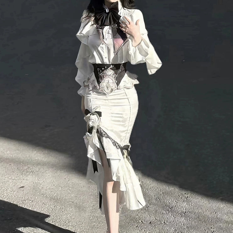 White Gothic-style dress set: court-inspired top and mermaid skirt with waist belt