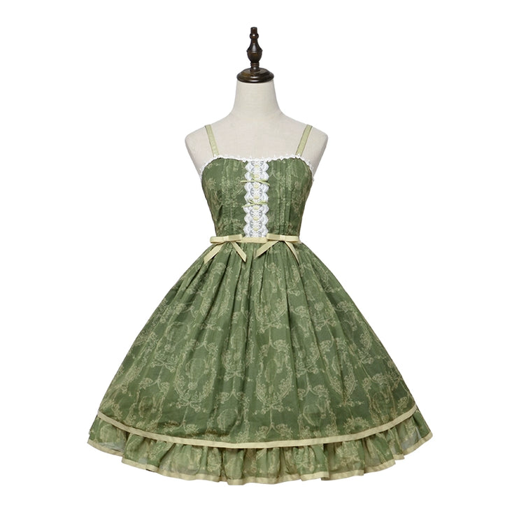 Floral Elegance Lace-Up Lolita JSK Sundress – Romantic Tiered Dress in Sage Green, Lavender, and Charcoal