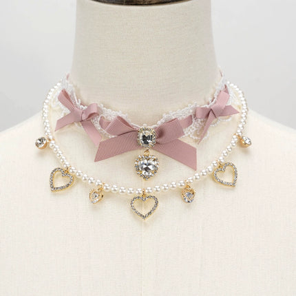 Edgy Punk Style Elaborate Double-Layer Necklace with Pearls and Gemstone Choker Lolita Collarbone Chain