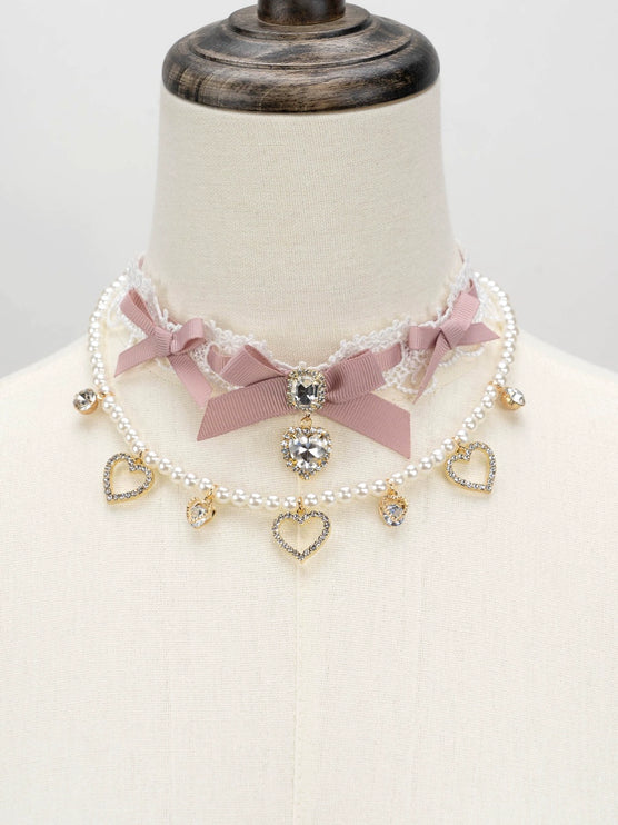 Edgy Punk Style Elaborate Double-Layer Necklace with Pearls and Gemstone Choker Lolita Collarbone Chain