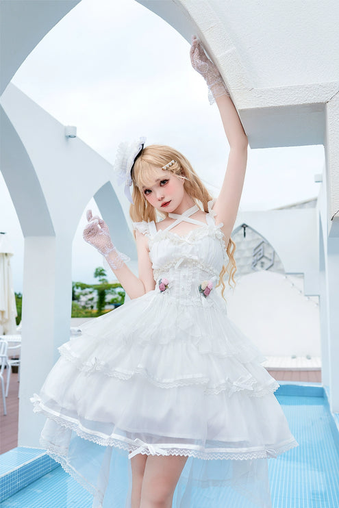 Elegant, lightweight wedding-style Lolita dress with a ballet-girl silhouette and ruffled details, inspired by cotton-candy motifs