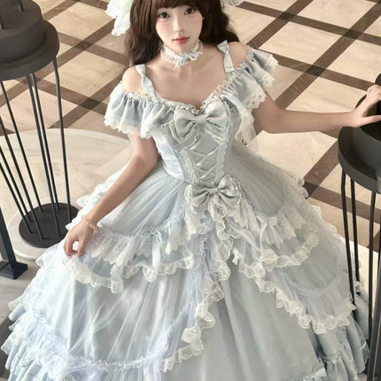 Off - the - shoulder Lolita Gown with Intricate Lace and Multiple Tiers of Ruffles