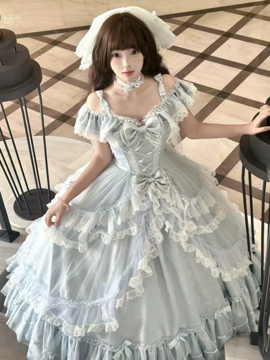 Off - the - shoulder Lolita Gown with Intricate Lace and Multiple Tiers of Ruffles